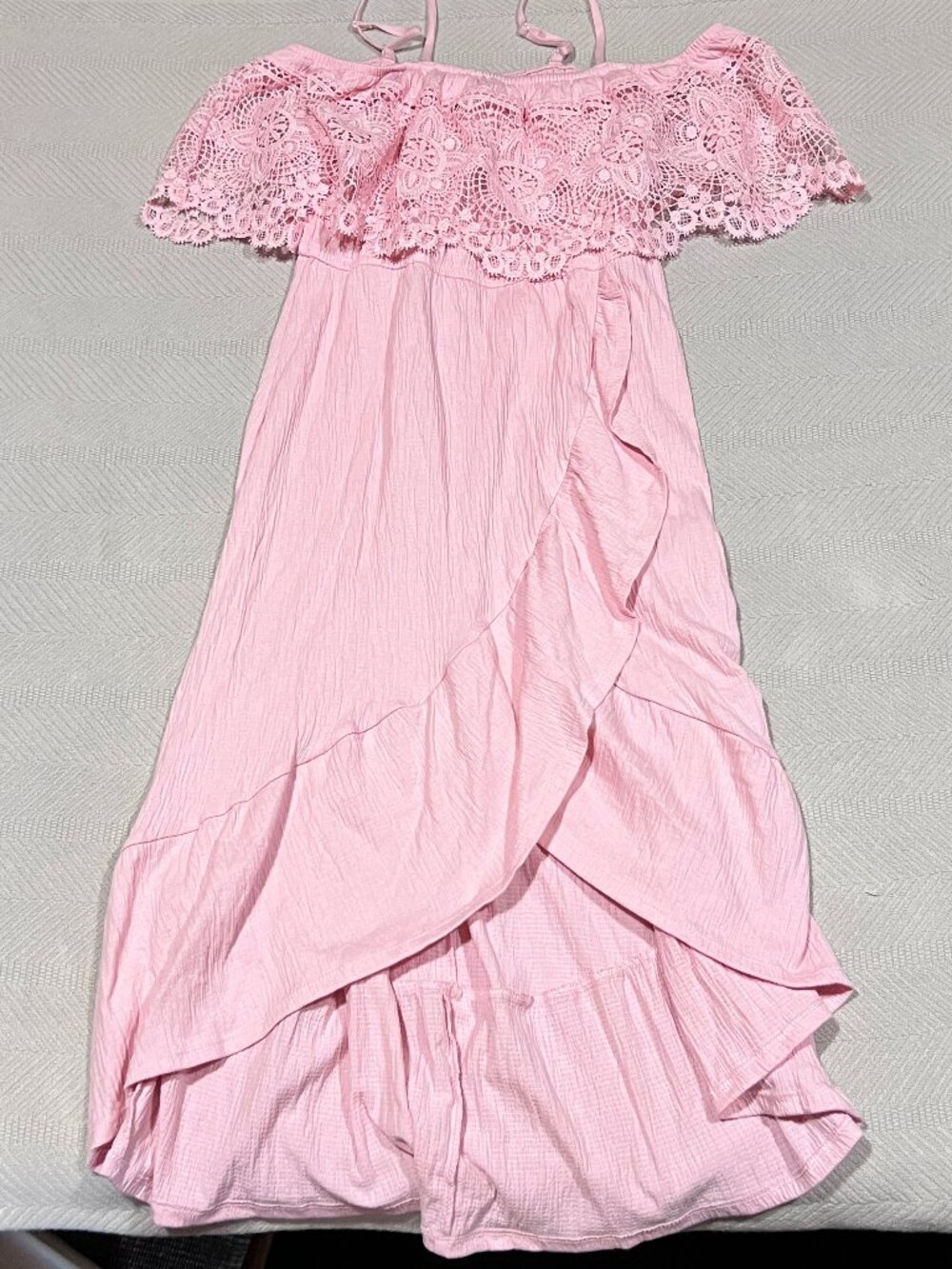 No Boundaries Pink Midi Cold Shoulder Hi Low Lace Ruffle M (7-9) Juniors Dress